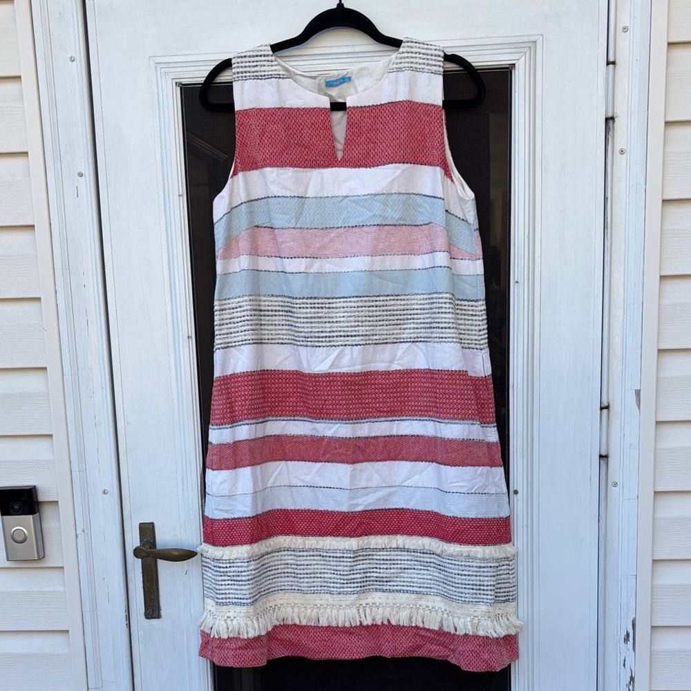 J McLaughlin ladies red blue ivory 70% COTTON SHIFT DRESS-L
